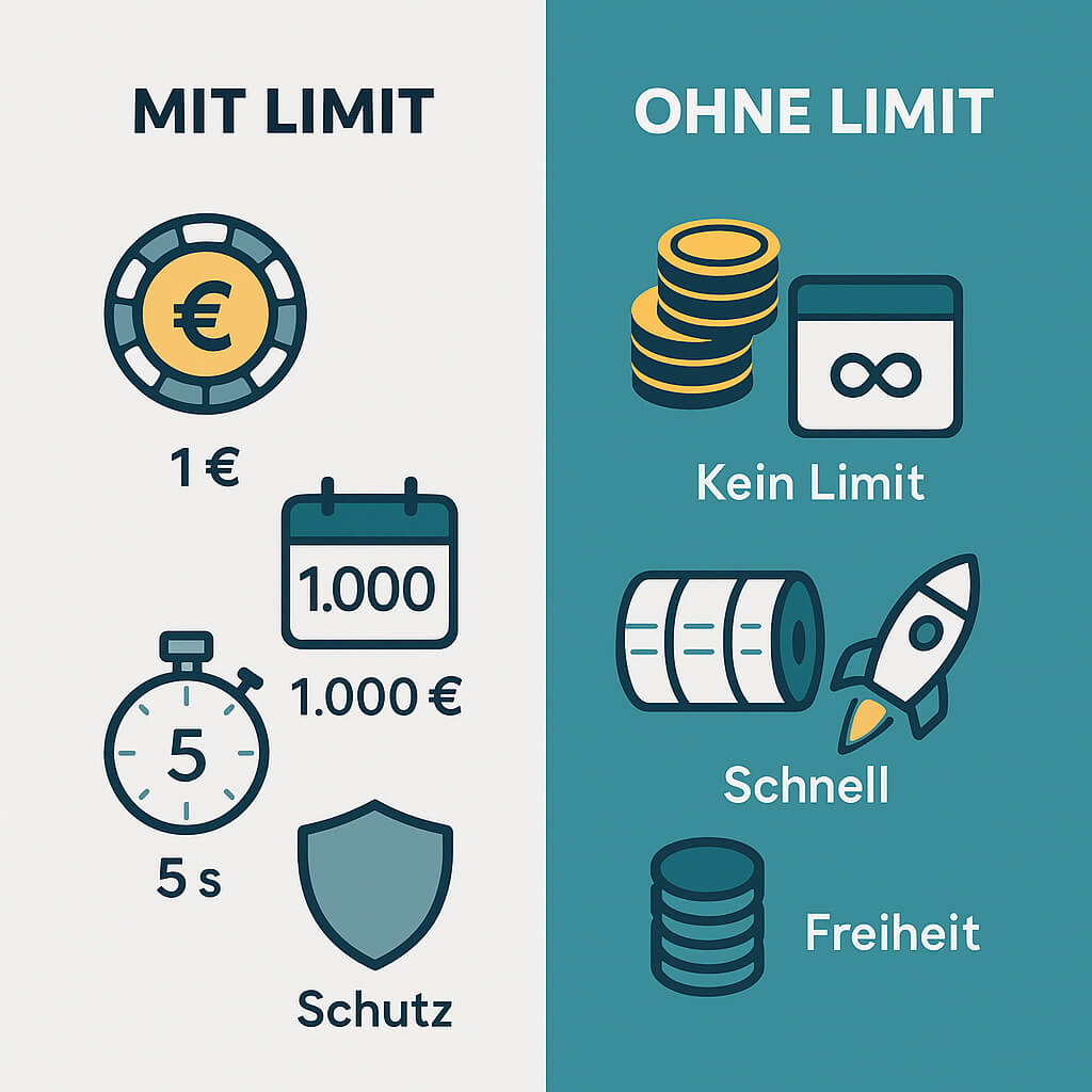 Infografik: links Casino mit Limit (1 €-Chip, Kalender 1 000 €, Stoppuhr 5 s, Schild Schutz) – rechts Casino ohne Limit (Münzstapel, Unendlich-Symbol, schnelle Slot-Walze, Rakete Freiheit)