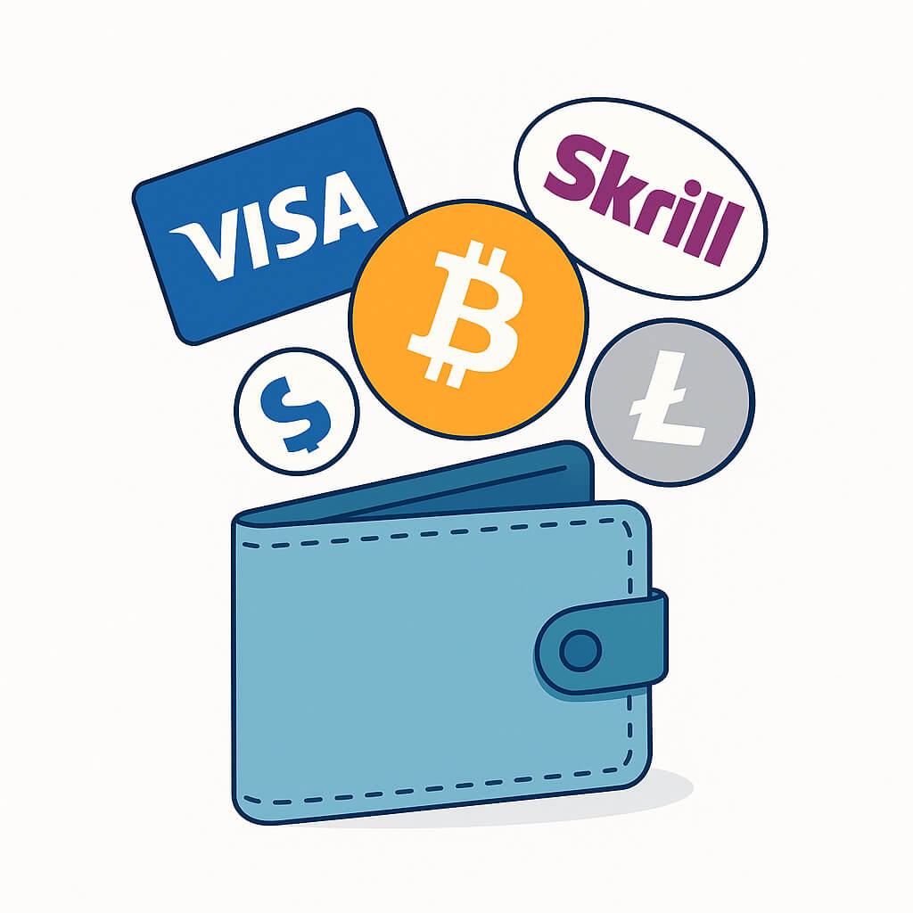 Offene Brieftasche, aus der Visa-Karte, Bitcoin-Münze, Skrill-Logo und Litecoin-Symbol herausfliegen – Darstellung verfügbarer Zahlungsoptionen